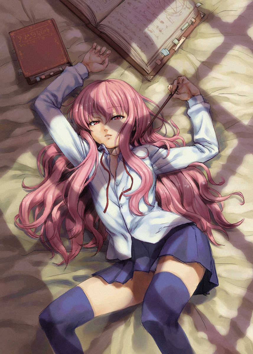 chyko, louise francoise le blanc de la valliere, zero no tsukaima, highres, 00s, 1girl, blouse, blue thighhighs, book, collared shirt, female focus, half-closed eyes, long hair, lying, miniskirt, neck ribbon, on back, pink eyes, pink hair, ribbon, shirt, skirt, solo, thighhighs, undone neck ribbon, very long hair, wand, wavy hair, white shirt, window shadow, zettai ryouiki