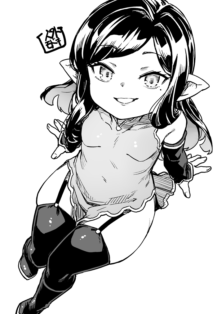 jingai modoki, arulumaya, granblue fantasy, commentary request, 1girl, breasts, dress, from above, garter straps, greyscale, harvin, looking at viewer, mole, mole under eye, monochrome, pointy ears, simple background, sitting, sleeveless, sleeveless dress, small breasts, solo, thighhighs, white background