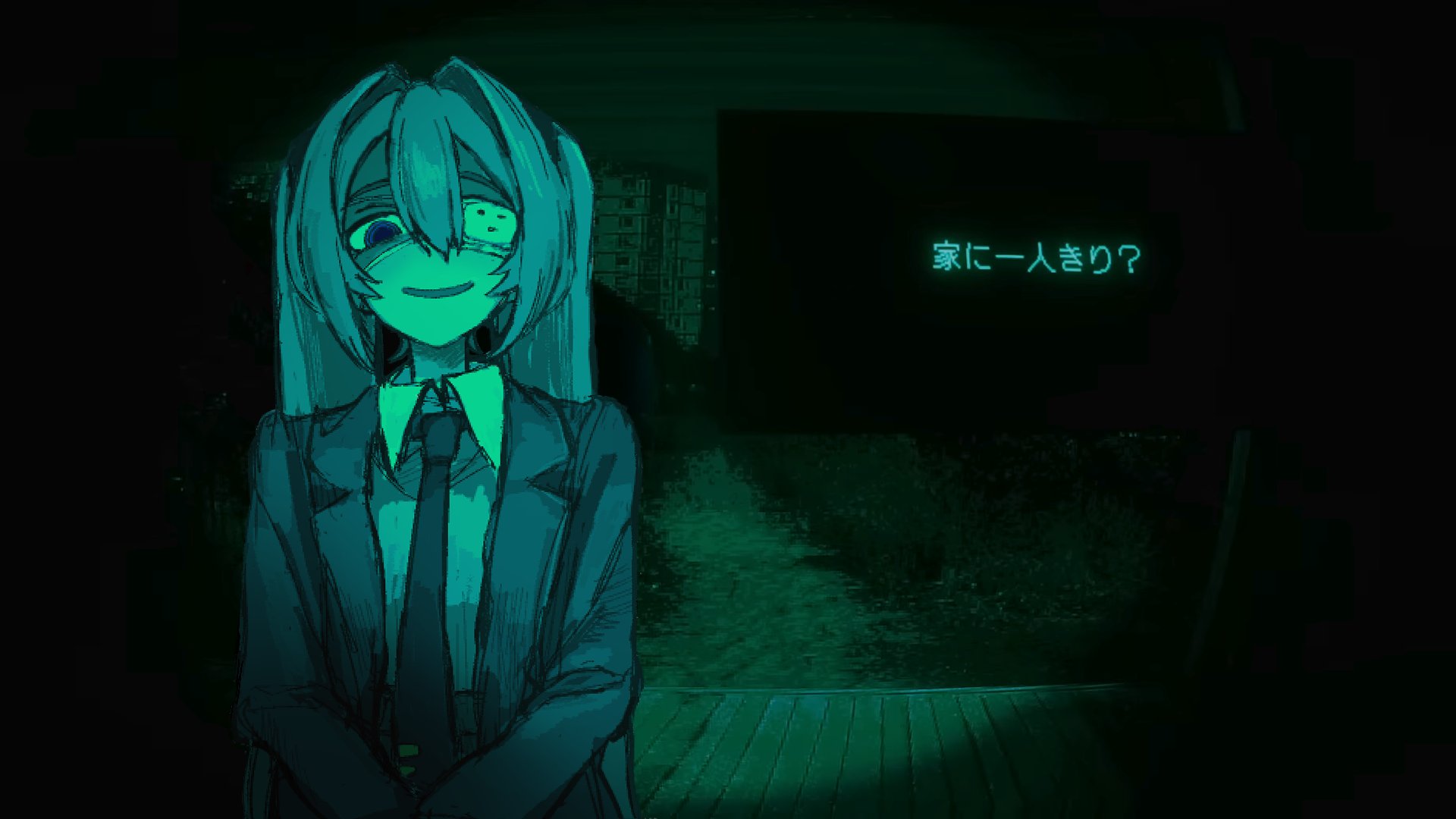 haburashi, hatsune miku, monitoring (vocaloid), no i'm not a human, vocaloid, commentary, english commentary, highres, translation request, 1girl, collared shirt, eyepatch, game screenshot background, green theme, hair between eyes, jacket, limited palette, long hair, long sleeves, looking at viewer, medical eyepatch, necktie, open mouth, parody, pov peephole, school uniform, screenshot background, shirt, smile, solo, style parody, twintails, upper body, very long hair