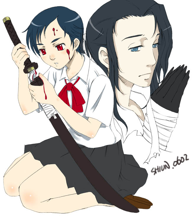 kuboshun, hagi (blood+), otonashi saya, blood+, 00s, 1boy, 1girl, bandages, black hair, blood, blush, couple, hetero, katana, kneeling, red eyes, school uniform, serafuku, short hair, sidelocks, sword, vampire, weapon