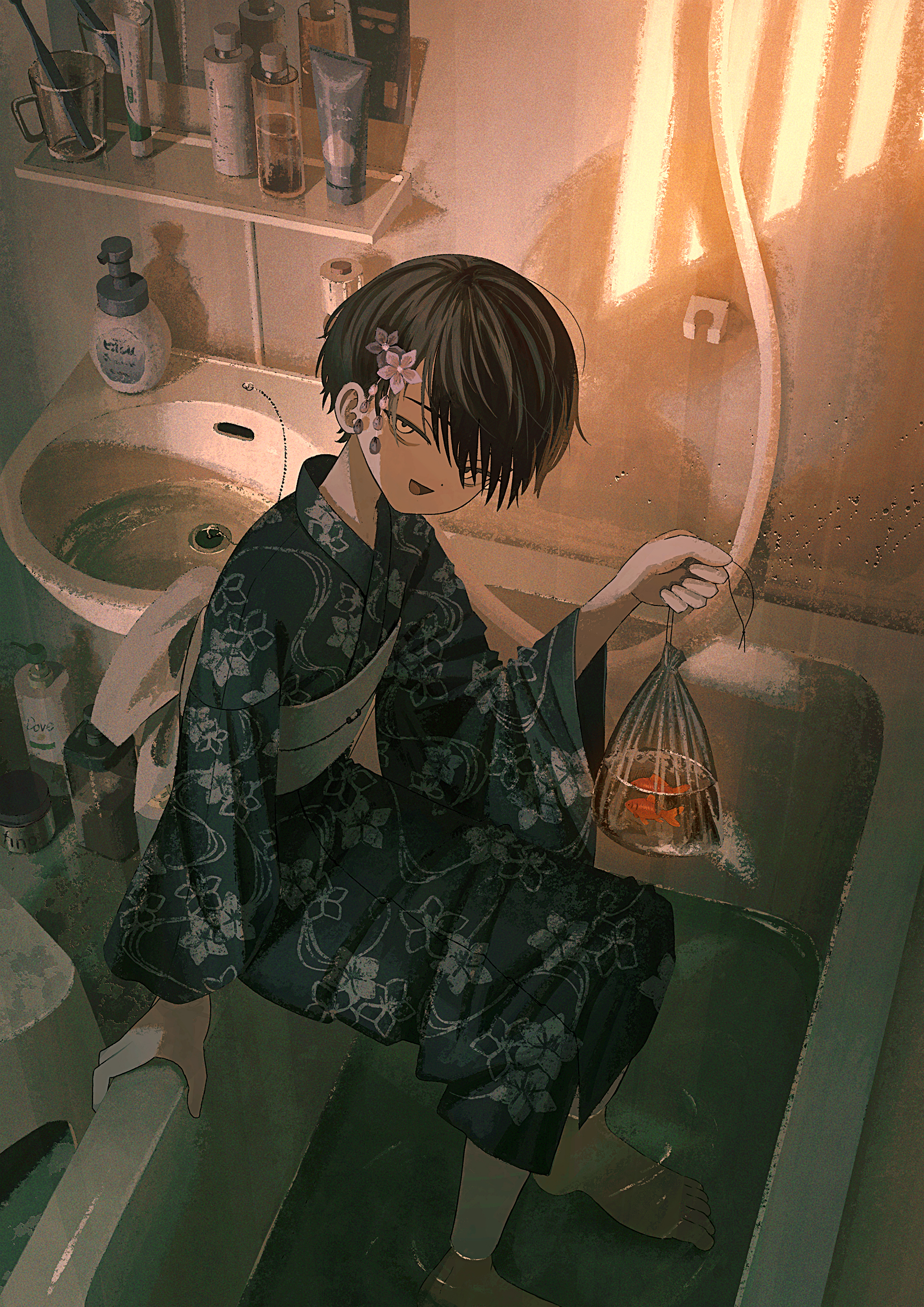 sasakure (mogunonbi), original, absurdres, commentary request, highres, making-of available, 1boy, arm support, bag, bagged fish, barefoot, bath, bathroom, black hair, crossdressing, crossdressing (mtf), fish, flower, from above, goldfish, hair flower, hair ornament, indoors, japanese clothes, kimono, long sleeves, looking at viewer, male focus, open mouth, short hair, sink, sitting, solo, water, yukata