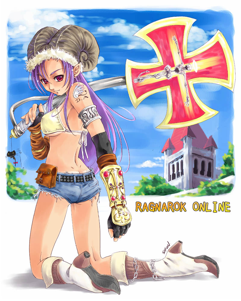 kuboshun, blacksmith (ragnarok online), whitesmith (ragnarok online), ragnarok online, back, bikini, bikini top only, blacksmith, boots, denim, denim shorts, gloves, hat, kneeling, long hair, looking back, purple hair, red eyes, shorts, smile, swimsuit, weapon