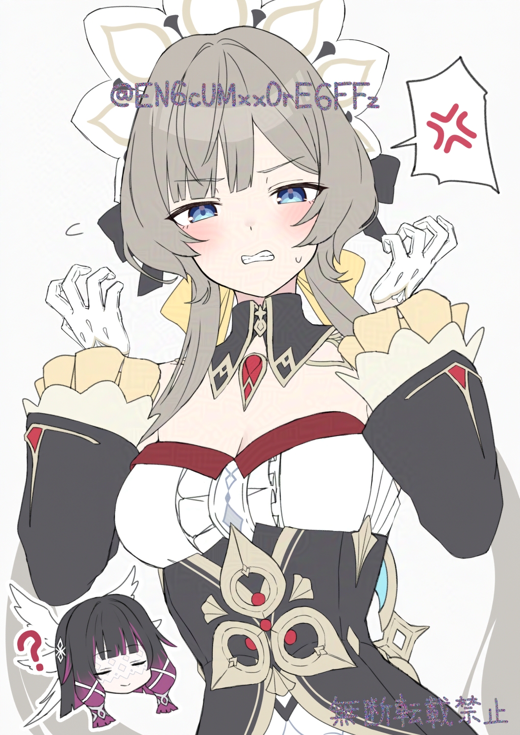 yamano rokamizu, columbina (genshin impact), sandrone (genshin impact), genshin impact, adversarial noise, commentary, highres, 2girls, ?, anger vein, bare shoulders, black collar, black dress, black hair, black sleeves, blue eyes, blush, breasts, brown hair, chibi, chibi inset, cleavage, clenched teeth, closed eyes, collar, copyright notice, curled fingers, d:, detached collar, detached sleeves, dress, eye mask, flying sweatdrops, furrowed brow, gloves, hair intakes, hands up, head wings, headdress, large breasts, long bangs, long sleeves, looking at viewer, maid headdress, mask, multicolored hair, multiple girls, open mouth, purple hair, purple streaks, short hair with long locks, simple background, smile, speech bubble, spoken anger vein, strapless, strapless dress, streaked hair, teeth, twitter username, two-tone hair, upper body, white background, white gloves, white headdress, white mask, white wings, wings