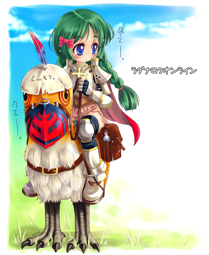 kuboshun, knight (ragnarok online), peco peco, ragnarok online, armor, bird, blue eyes, blush, braid, long hair, riding, solo, twin braids
