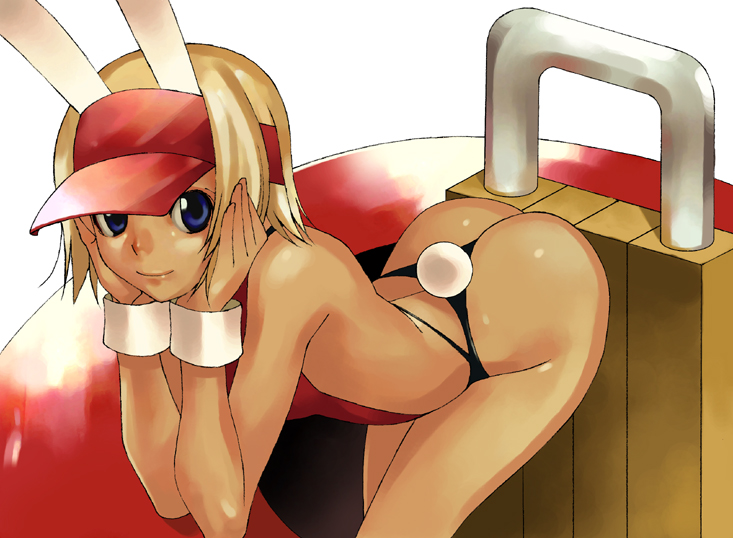 nakamura yukitoshi, catherine kyoubashi, aq interactive, arcana heart, arcana heart 2, atlus, examu, visor, 1girl, animal ears, ass, bent over, blonde hair, blue eyes, cuffs, dark-skinned female, dark skin, female focus, leotard, panties, rabbit ears, rabbit tail, red leotard, short hair, solo, tail, tan, thong, underwear, visor cap, wrist cuffs