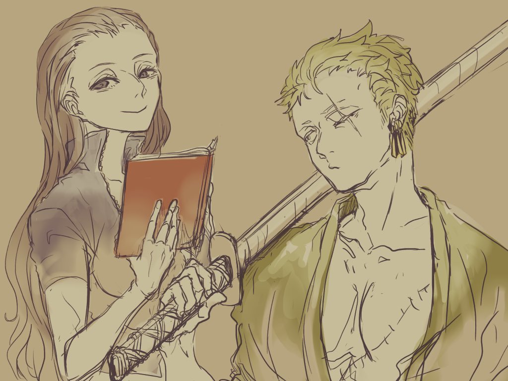 nikoban, nico robin, roronoa zoro, one piece, commentary request, 1boy, 1girl, black hair, book, brown background, earrings, green hair, green kimono, high collar, holding, holding book, holding sword, holding weapon, japanese clothes, jewelry, kimono, lineart, long hair, looking at another, one eye closed, scar, scar across eye, scar on face, short hair, simple background, smile, stitched torso, stitches, sword, upper body, weapon