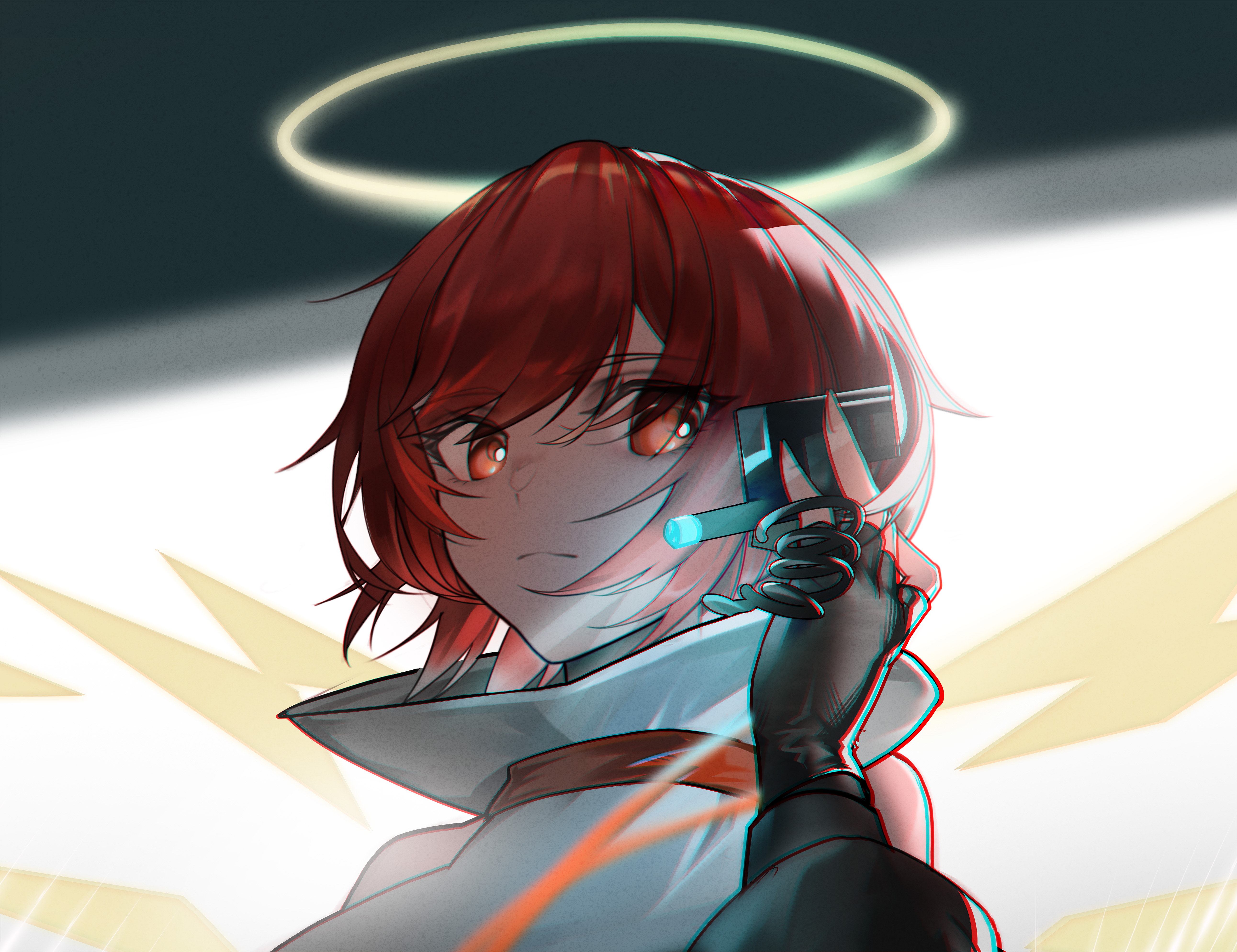 exusiai (arknights), exusiai (midnight delivery) (arknights), arknights, absurdres, chinese commentary, commentary request, highres, 1girl, adjusting headset, black gloves, closed mouth, detached wings, earpiece, energy wings, expressionless, fingerless gloves, gloves, halo, headset, looking at viewer, official alternate costume, red eyes, red hair, short hair, solo, traditional halo, upper body, wings, yellow halo, ztianyoshino