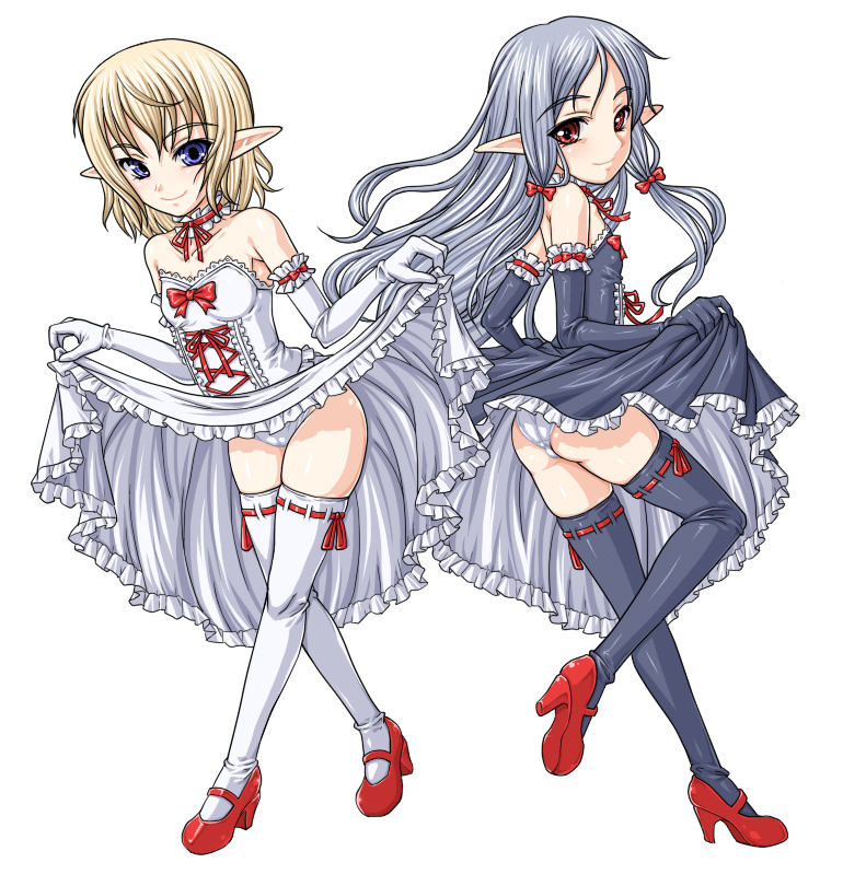 masa yuki, yukimasa (nkk145), original, silver hair, bad id, bad pixiv id, 2girls, blonde hair, blue eyes, bow, choker, clothes lift, dress, elbow gloves, elf, flat chest, frills, gloves, hair bow, high heels, loli, long hair, multiple girls, panties, pantyshot, pointy ears, red eyes, ribbon, shoes, short hair, skirt, skirt lift, smile, thighhighs, underwear, white panties