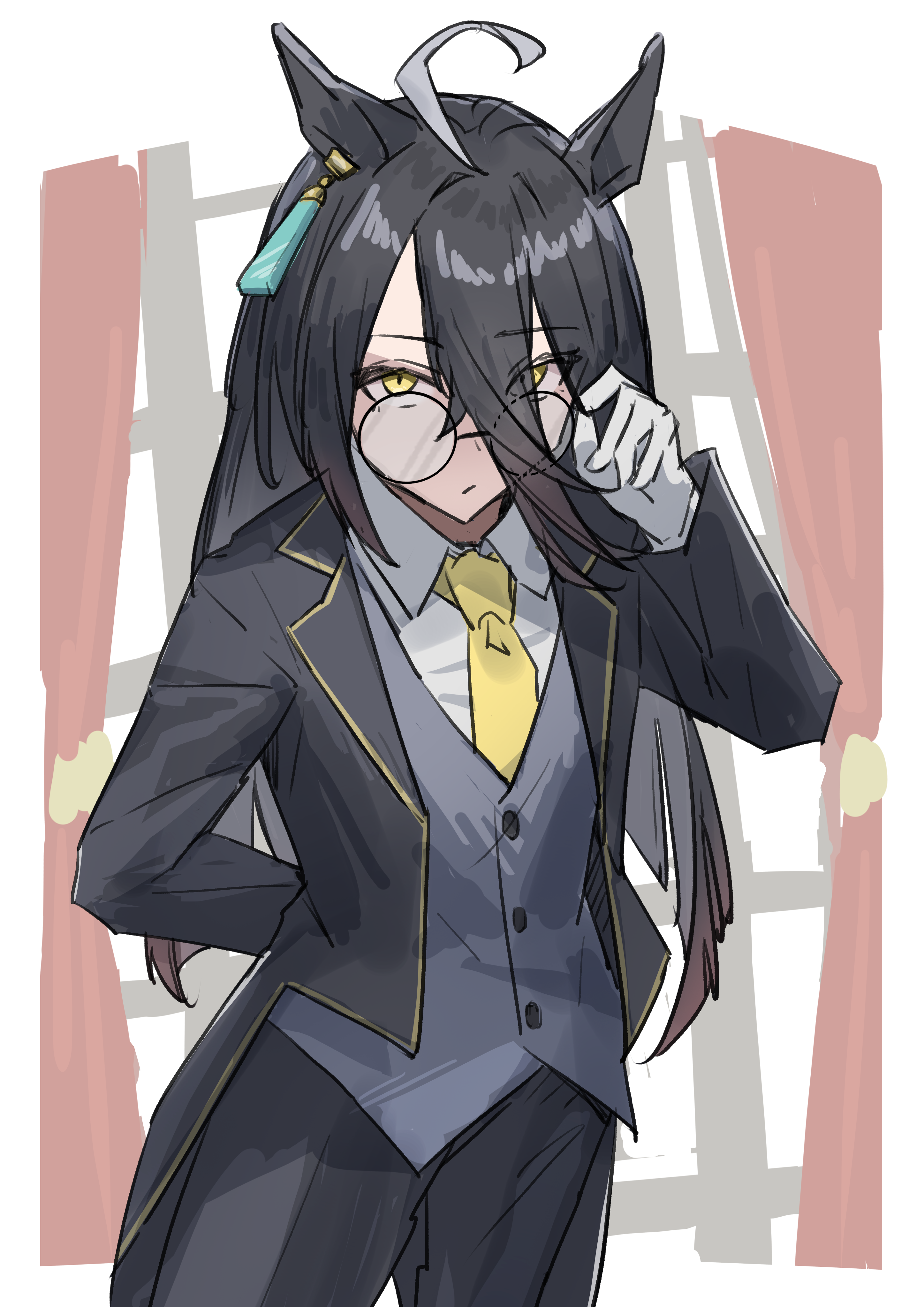 mitsune (3chune), manhattan cafe (umamusume), umamusume, absurdres, highres, 1girl, :/, adjusting eyewear, ahoge, animal ears, arms behind back, black coat, black pants, closed mouth, coat, collared shirt, ear ornament, ear tag, earrings, glasses, green vest, grey hair, horse ears, horse girl, jewelry, long hair, looking at viewer, multicolored hair, necktie, open clothes, open coat, pants, shirt, single earring, solo, tuxedo, very long hair, vest, white shirt, yellow eyes, yellow necktie