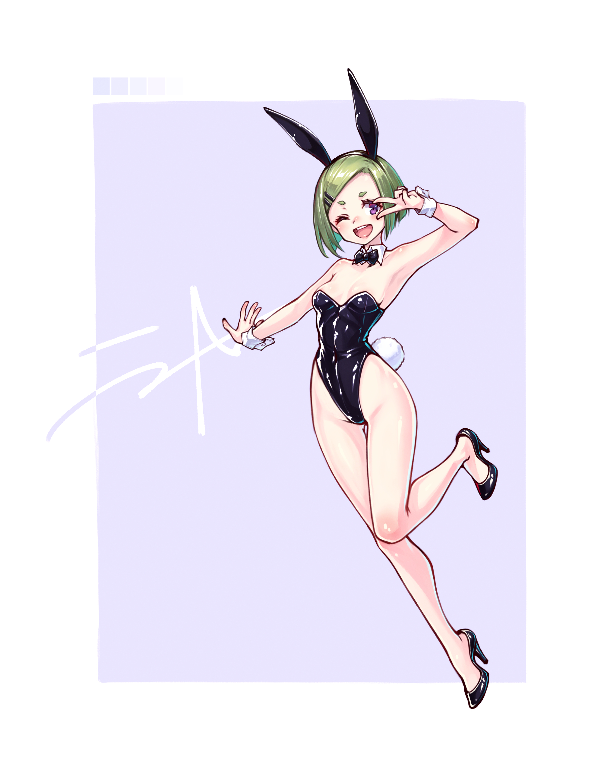 gogatsu no renkyuu, original, absurdres, highres, 1girl, animal ear hairband, animal ears, bare legs, black bow, black bowtie, black leotard, bow, bowtie, breasts, detached collar, fake animal ears, full body, green hair, hairband, high heels, leotard, open mouth, playboy bunny, purple eyes, rabbit ears, rabbit tail, round teeth, short hair, small breasts, smile, solo, strapless, strapless leotard, tail, teeth, upper teeth only, v, v over eye, wrist cuffs