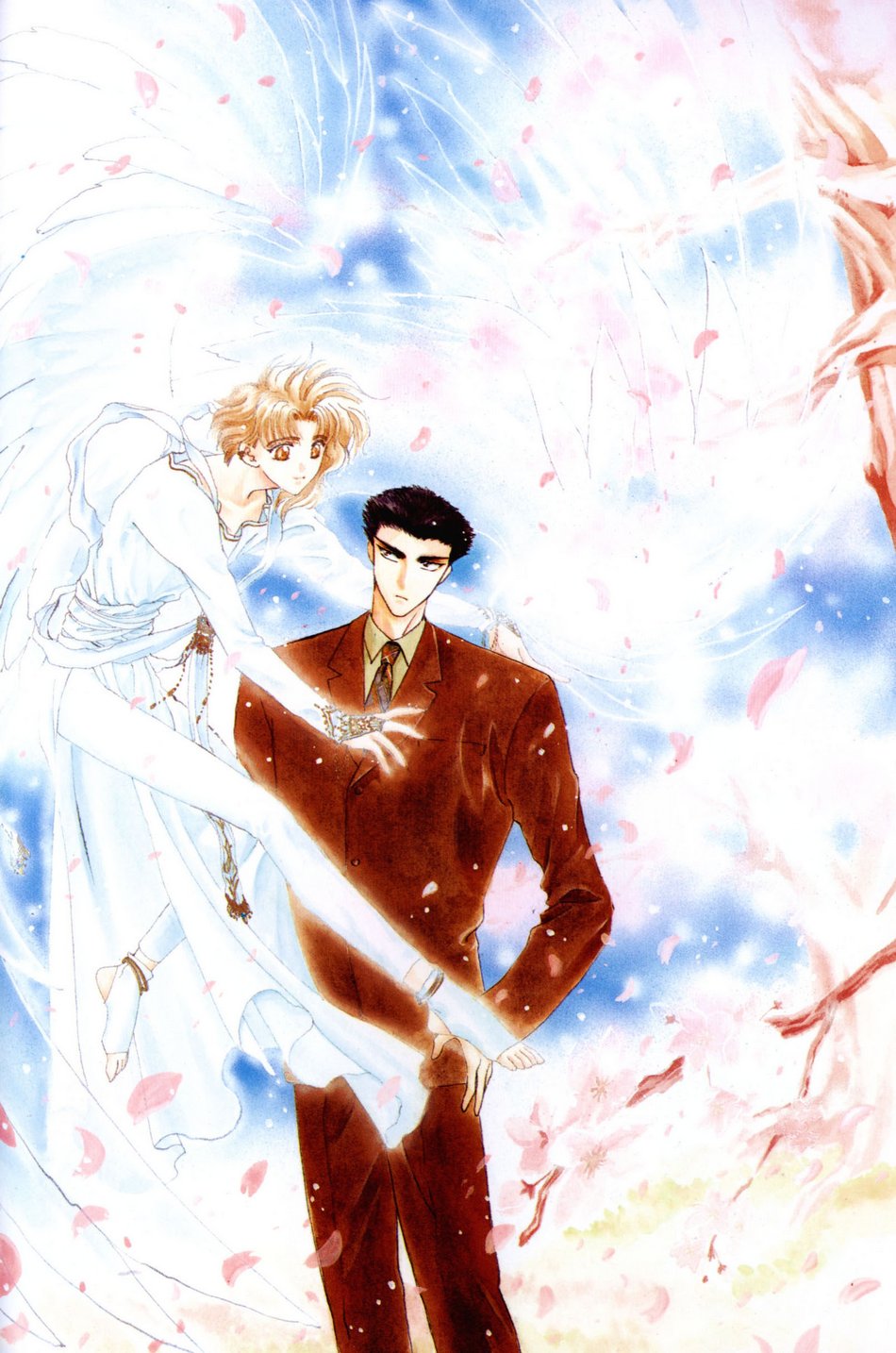 clamp, kohaku (wish), kudou shuuichirou, wish, highres, 1boy, 1other, ambiguous gender, androgynous, angel, black hair, blonde hair, couple, formal clothes, petals, short hair, suit, wings, yellow eyes