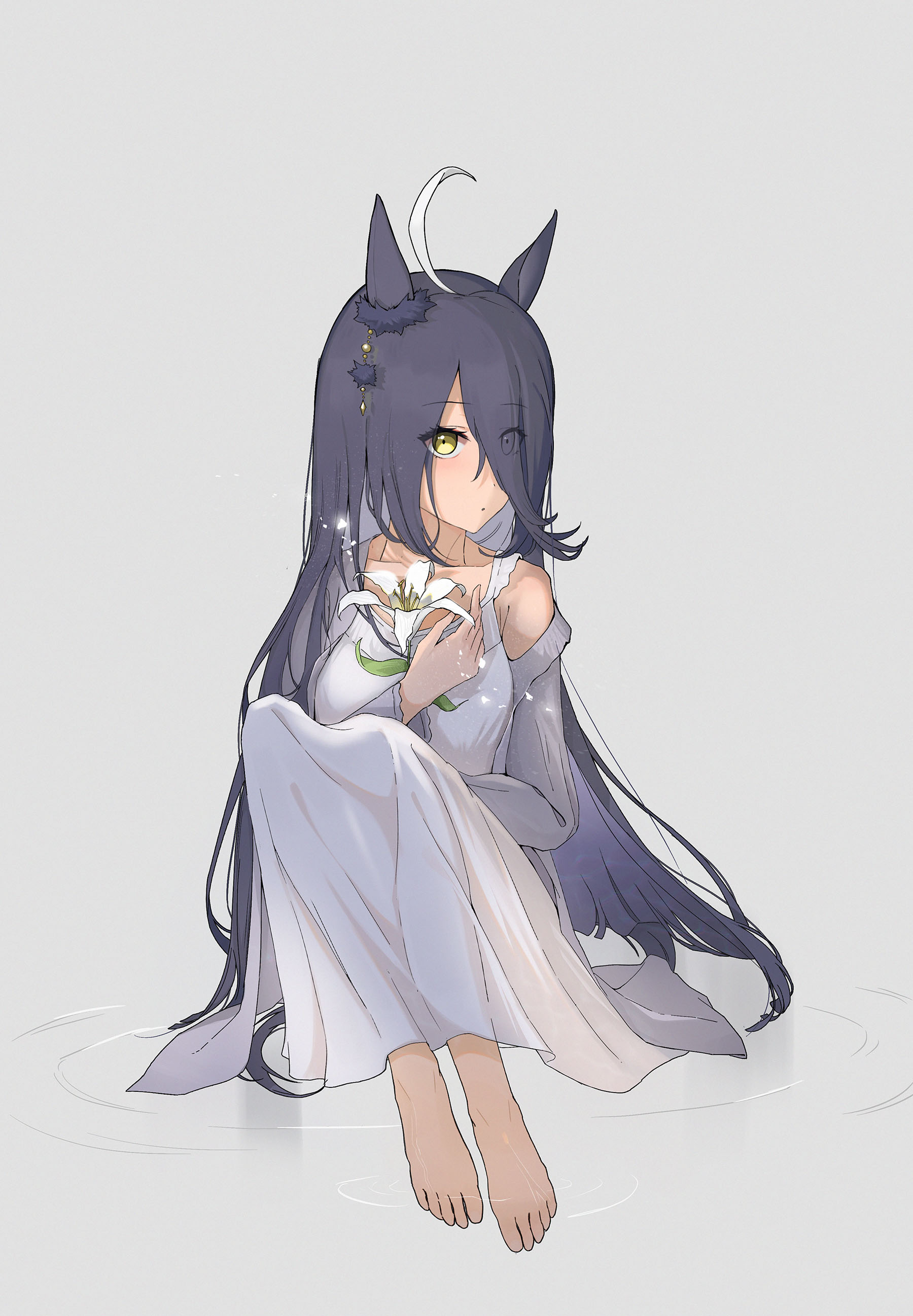 dev grater, manhattan cafe (umamusume), umamusume, absurdres, highres, 1girl, animal ears, bare shoulders, barefoot, breasts, coat, collarbone, dress, ear ornament, eyes visible through hair, grey coat, hair between eyes, horse ears, horse girl, knees up, long bangs, long hair between eyes, long sleeves, multicolored hair, off shoulder, open clothes, open coat, parted lips, ripples, single off shoulder, sitting, sleeveless, sleeveless dress, small breasts, solo, white dress, white hair, yellow eyes