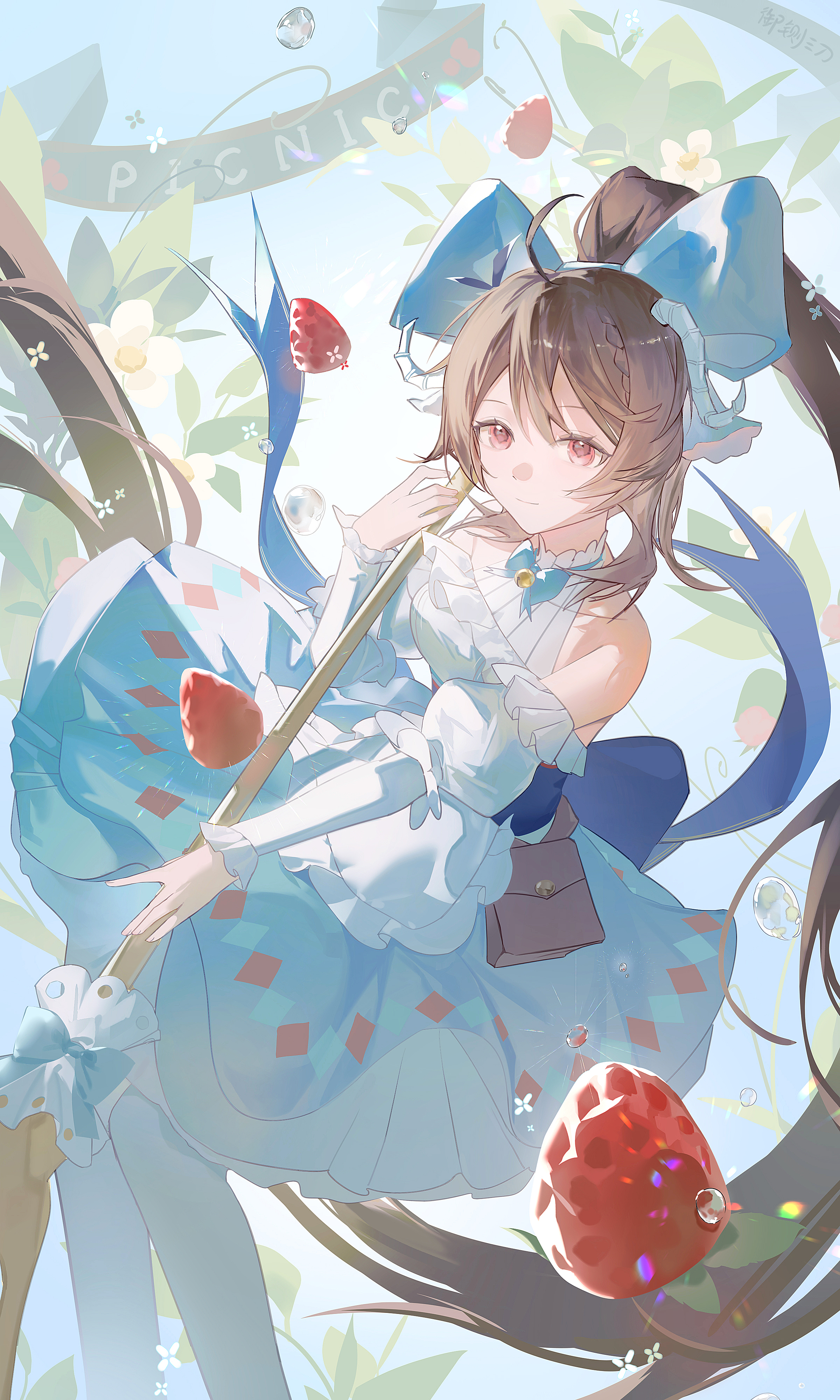 kuruma1892, eyjafjalla (arknights), eyjafjalla the hvit aska (a picnic before a long trip) (arknights), eyjafjalla the hvit aska (arknights), arknights, absurdres, chinese commentary, commentary request, highres, 1girl, ahoge, animal ears, apron, bare shoulders, bell, blue bow, blue bowtie, blue dress, bow, bowtie, brown hair, closed mouth, detached sleeves, dress, feet out of frame, flower, food, fork, frills, fruit, hair between eyes, hair bow, high ponytail, holding, holding fork, horns, long hair, long sleeves, looking at viewer, multicolored dress, neck bell, ponytail, puffy sleeves, red dress, red eyes, sheep horns, shoes, sidelocks, solo, strawberry, thighhighs, very long hair, white dress, white flower, white horns, white thighhighs