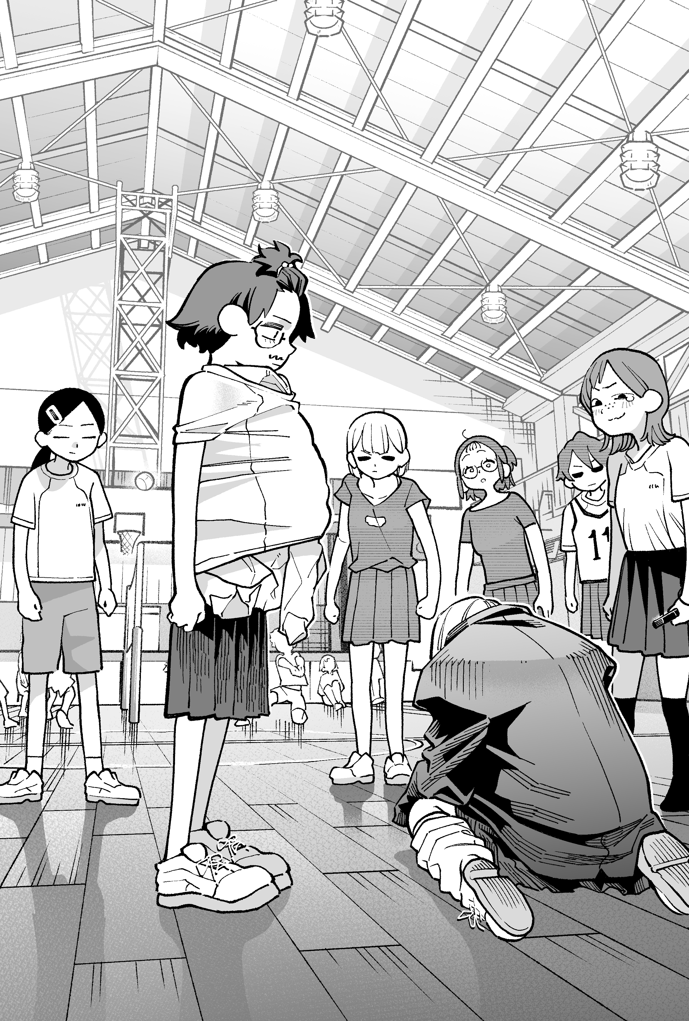gavucchi, original, slam dunk (series), absurdres, commentary request, highres, 6+girls, ankle socks, bangs pinned back, ceiling light, clenched hands, closed eyes, closed mouth, facial mark, freckles, glasses, greyscale, gym, hair ornament, hairclip, hatching (texture), head down, holding, indoors, jacket, kneehighs, linear hatching, long hair, looking at another, looking down, loose socks, medium hair, miniskirt, monochrome, multiple girls, parody, parted hair, people, pleated skirt, ponytail, raised eyebrows, scene reference, school uniform, shirt, shoes, short hair, short sleeves, shorts, sitting, skirt, smile, sneakers, socks, standing, stifled laugh, tearing up, unworn shirt, wariza, wooden floor
