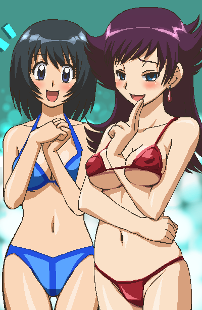 awa, nowaki hotaru, tokiwa natsuko, zettai karen children, 00s, 2girls, :d, bikini, blush, earrings, jaggy lines, jewelry, multiple girls, navel, oekaki, open mouth, own hands together, smile, swimsuit, thigh gap