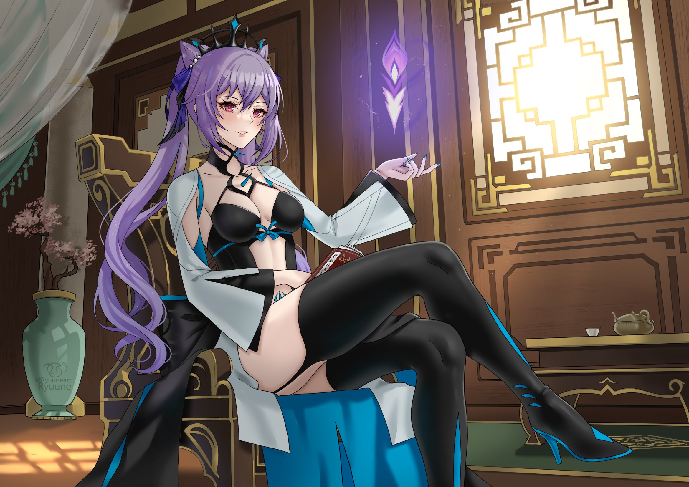 ryuuneart, keqing (genshin impact), morgan le fay (fate), morgan le fay (third ascension) (fate), fate/grand order, fate (series), genshin impact, commentary, commission, english commentary, highres, 1girl, artist name, black dress, black garter straps, black thighhighs, black tiara, breasts, breasts apart, clothing cutout, collarbone, cone hair bun, cosplay, crossed legs, double bun, dress, fingernails, garter straps, hair between eyes, hair bun, hand up, indoors, long hair, looking at viewer, medium breasts, morgan le fay (fate) (cosplay), nail polish, parted lips, purple eyes, purple hair, purple nails, sitting, sleeveless, sleeveless dress, solo, stomach, stomach cutout, thighhighs, tiara, twintails, vase, very long hair, white sleeves