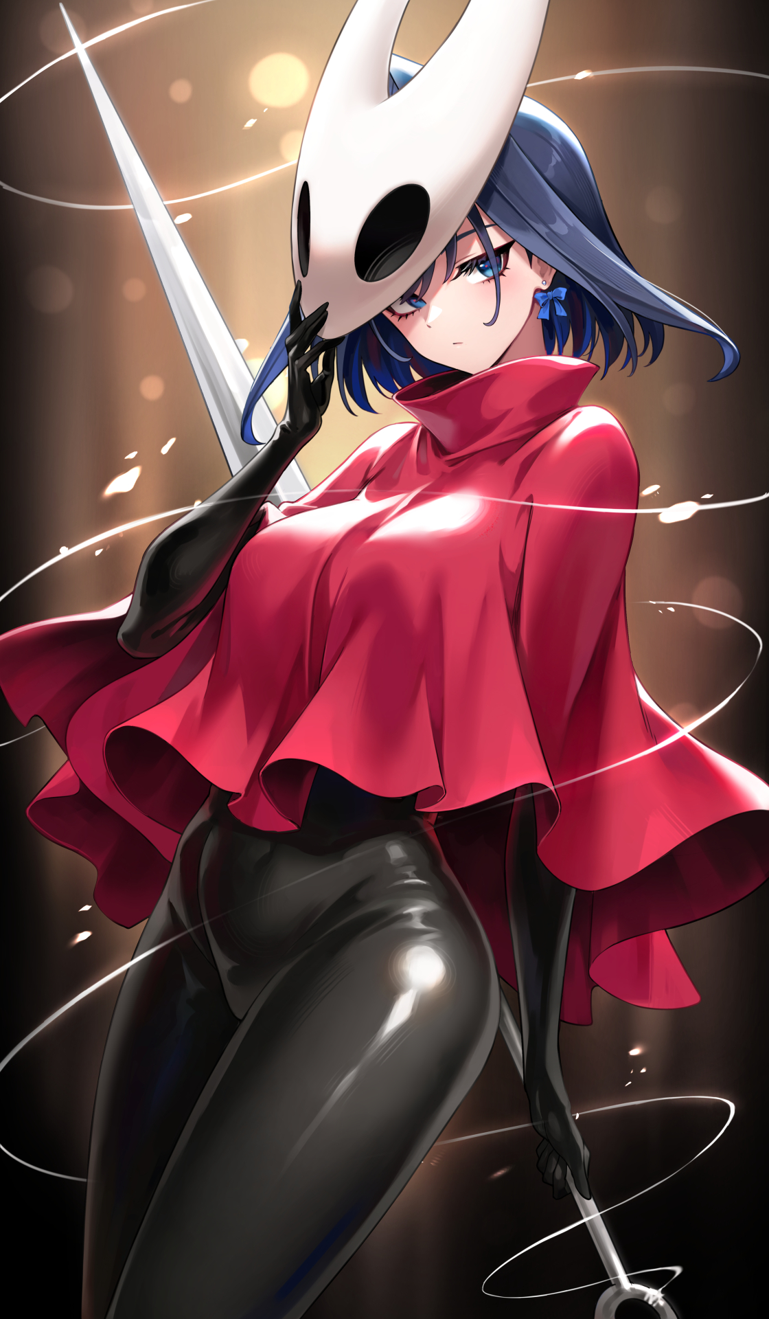 oopartz yang, hornet (hollow knight), ouro kronii, hollow knight, hollow knight: silksong, hololive, hololive english, black bodystocking, commentary, highres, 1girl, blue hair, bow, bow earrings, breasts, character mask, cloak, closed mouth, cosplay, earrings, expressionless, fanged bangs, hair intakes, hand up, holding, holding mask, holding sword, holding weapon, horned mask, hornet (hollow knight) (cosplay), jewelry, large breasts, looking at viewer, mask, mask on head, needle (hollow knight), red cloak, short hair, sword, virtual youtuber, weapon, white mask