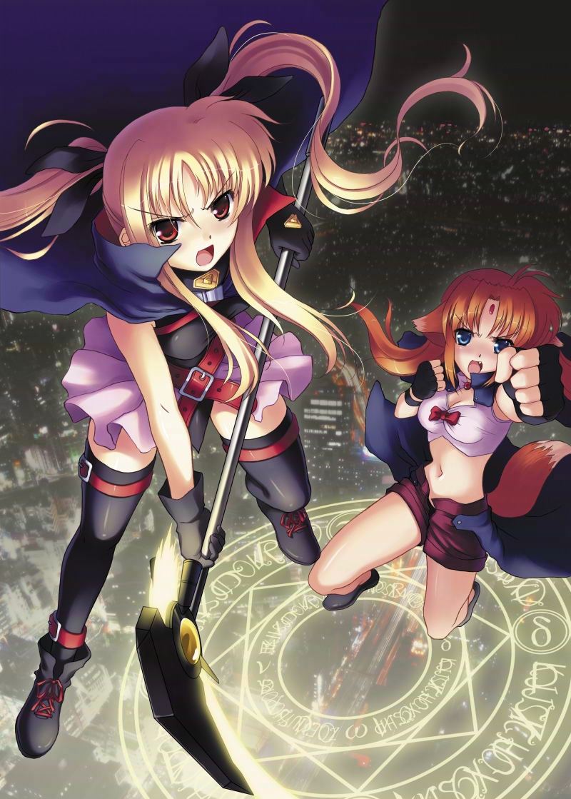 arf, bardiche (nanoha), bardiche (scythe form) (nanoha), fate testarossa, fate testarossa (original form), lyrical nanoha, mahou shoujo lyrical nanoha, 00s, 2girls, blonde hair, magic circle, multiple girls, octagram, thighhighs