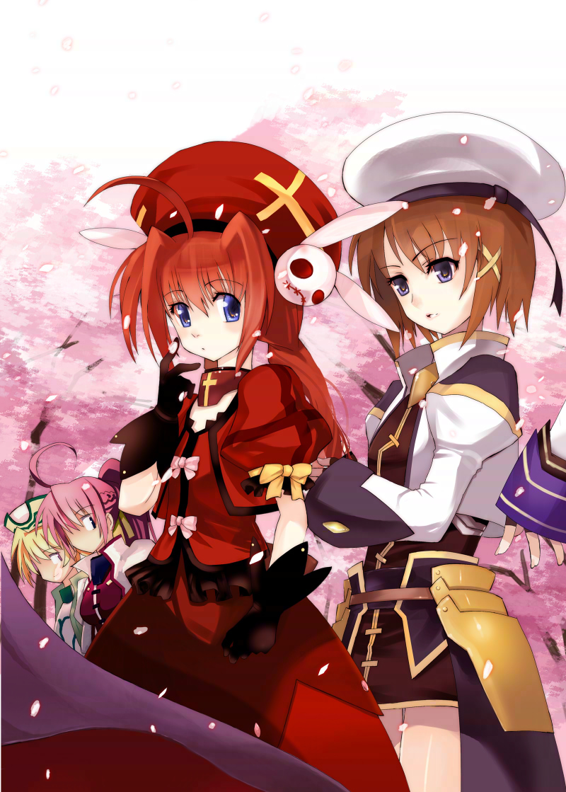 shamal, signum, vita (nanoha), yagami hayate, lyrical nanoha, mahou shoujo lyrical nanoha, 00s, blonde hair, blue eyes, brown hair, cherry blossoms, dress, gloves, hat, pink hair