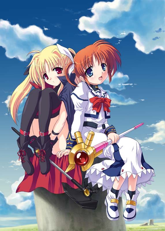 bardiche (device form) (nanoha), bardiche (nanoha), fate testarossa, fate testarossa (original form), raising heart, raising heart (device mode), takamachi nanoha, takamachi nanoha (original mode), lyrical nanoha, mahou shoujo lyrical nanoha, black legwear, 00s, 2girls, blonde hair, blue sky, blush, bow, bowtie, cape, cloud, day, full body, gem, knees up, long sleeves, looking at viewer, magical girl, multiple girls, outdoors, pillar, red bow, red bowtie, red eyes, rod, side-by-side, sitting, sky, staff, thighhighs, thighs, twintails