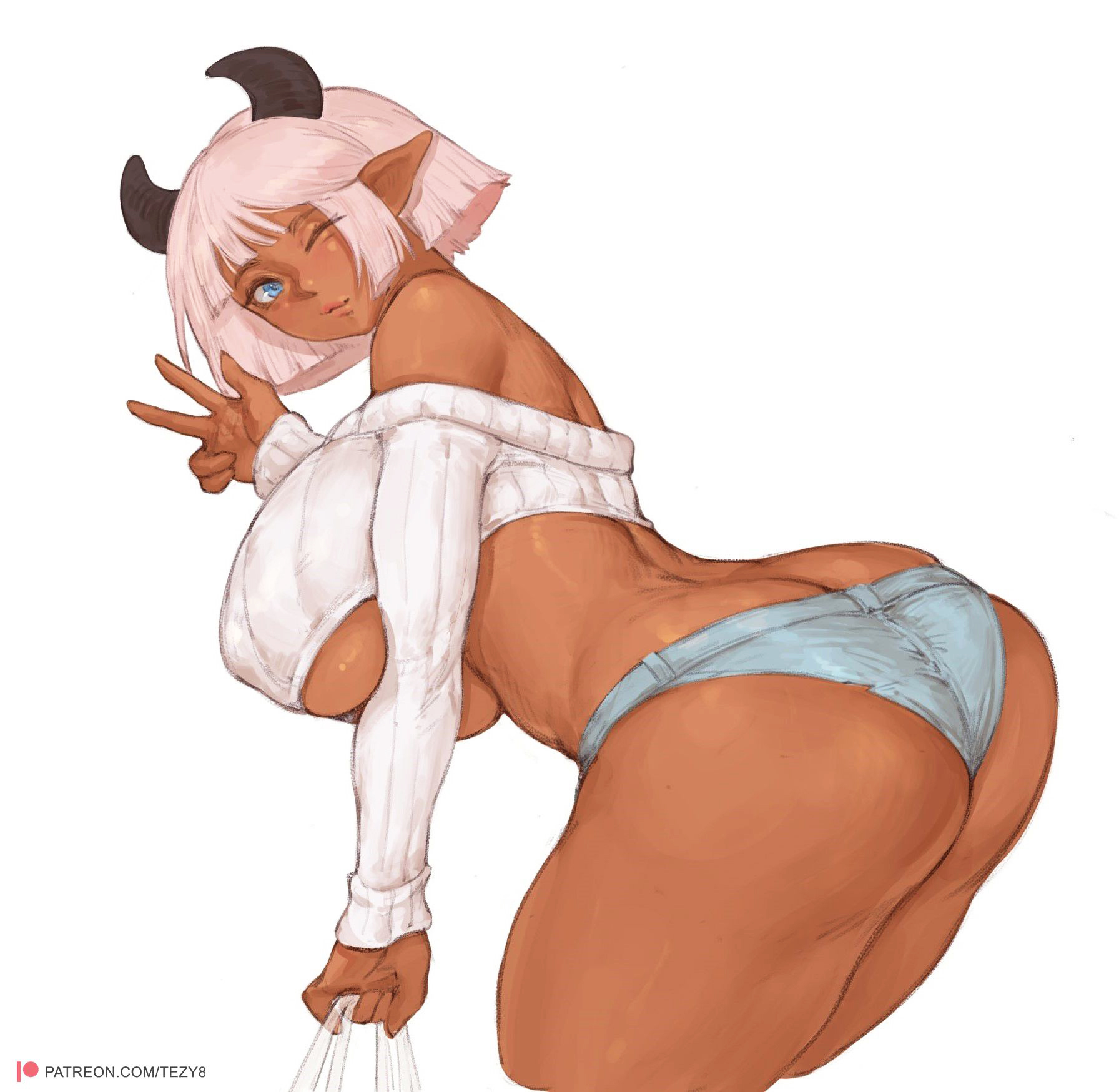 tezy8art, original, highres, 1girl, arm up, ass, back, bag, bare shoulders, blue eyes, breasts, cowboy shot, cropped sweater, dark-skinned female, dark skin, demon horns, denim, denim shorts, holding, holding bag, horns, large breasts, lips, long sleeves, looking at viewer, no bra, one eye closed, pointy ears, ribbed sweater, shopping bag, short hair, short shorts, shorts, simple background, solo, sweater, thighs, underboob, v, white background, white hair