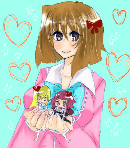 kuchibashi, izayoi aki, mazaki anzu, tenjouin asuka, yu-gi-oh!, yu-gi-oh! 5d's, yu-gi-oh! duel monsters, yu-gi-oh! gx, yuu-gi-ou, bad id, bad pixiv id, lowres, 00s, 3girls, blonde hair, blush, breasts, brown eyes, brown hair, chibi, large breasts, multiple girls, obelisk blue uniform, red hair, ribbon, school uniform, serafuku, smile