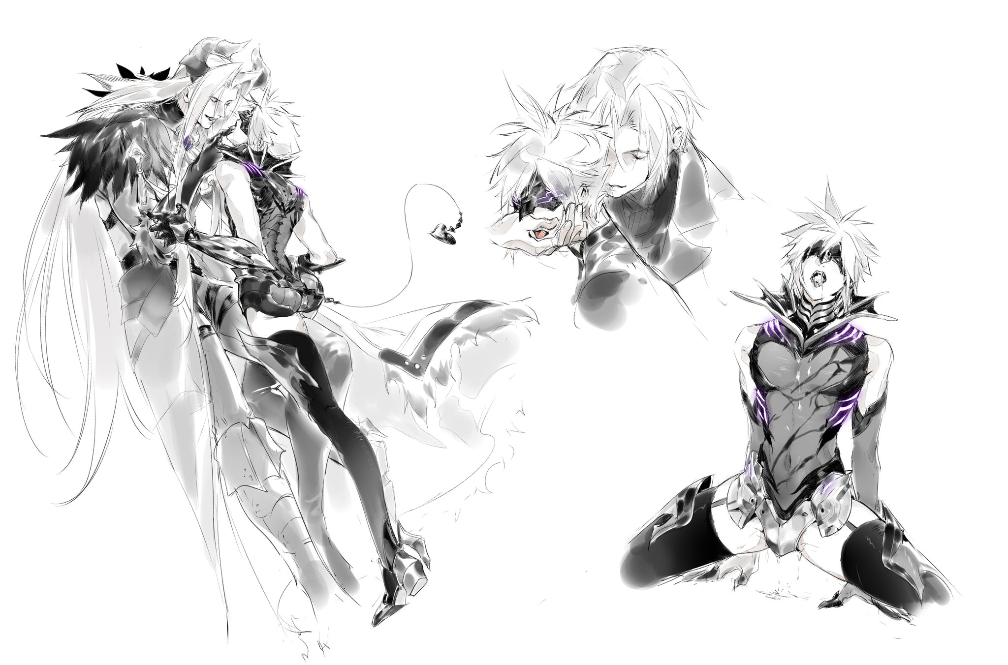 lydiaaa, cloud strife, cloud strife (bahamut garb), sephiroth, sephiroth (dark harbinger), sephiroth (ever crisis), final fantasy, final fantasy vii, final fantasy vii ever crisis, chinese commentary, commentary request, highres, 2boys, adapted costume, ascot, ass, boots, coat, covered eyes, cum, cumdrip, elbow gloves, feather trim, full body, fur-trimmed coat, fur trim, garter straps, gem, gloves, glowing clothes, greyscale, hair intakes, hand on another's chin, high collar, high heels, horns, knee boots, knee up, kneeling, leg between thighs, leotard, long bangs, long hair, long sleeves, looking at another, looking down, looking up, male focus, mask, monochrome, multiple boys, multiple views, official alternate costume, open mouth, parted bangs, purple gemstone, saliva, see-through clothes, short hair, sleeveless, smile, spiked hair, spot color, spread legs, tail, thigh strap, thighhighs, time paradox, toned, toned male, tongue, tongue out, very long hair, white background, yaoi