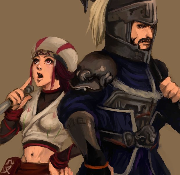 kunoichi (sengoku musou), pang de, musou orochi, sengoku musou, shin sangoku musou, 1boy, 1girl, armor, crossover, kunai, ninja, weapon