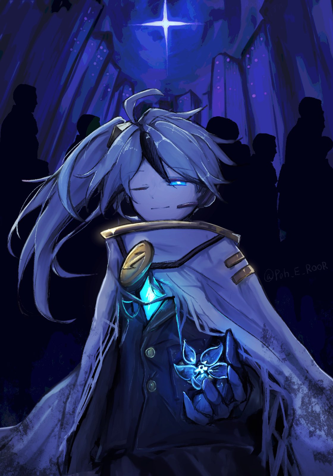 yokuri tori, yan vismok, library of ruina, project moon, highres, 1boy, ahoge, black gloves, black jacket, blue background, blue eyes, blue flower, cape, closed mouth, flower, gloves, gold trim, jacket, long hair, long sleeves, looking at viewer, male focus, multicolored hair, one eye closed, side ponytail, simple background, solo, streaked hair, upper body, white cape, white hair