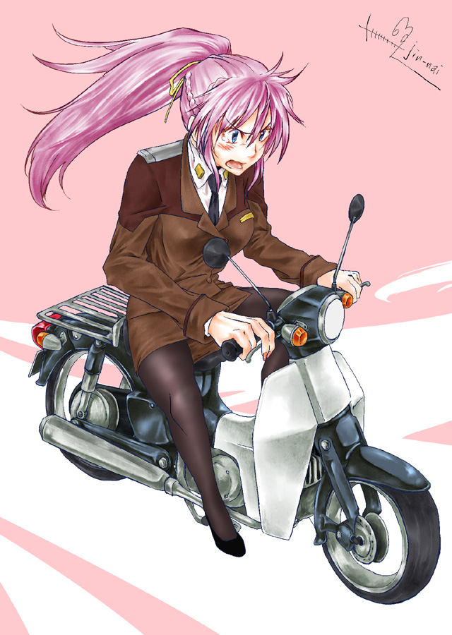 jin nai, signum, lyrical nanoha, mahou shoujo lyrical nanoha, mahou shoujo lyrical nanoha strikers, vehicle, 00s, 1girl, artist name, blue eyes, blush, breasts, female focus, honda cub, long hair, military, military uniform, motor vehicle, motorcycle, necktie, pantyhose, pink hair, ponytail, scooter, signature, solo