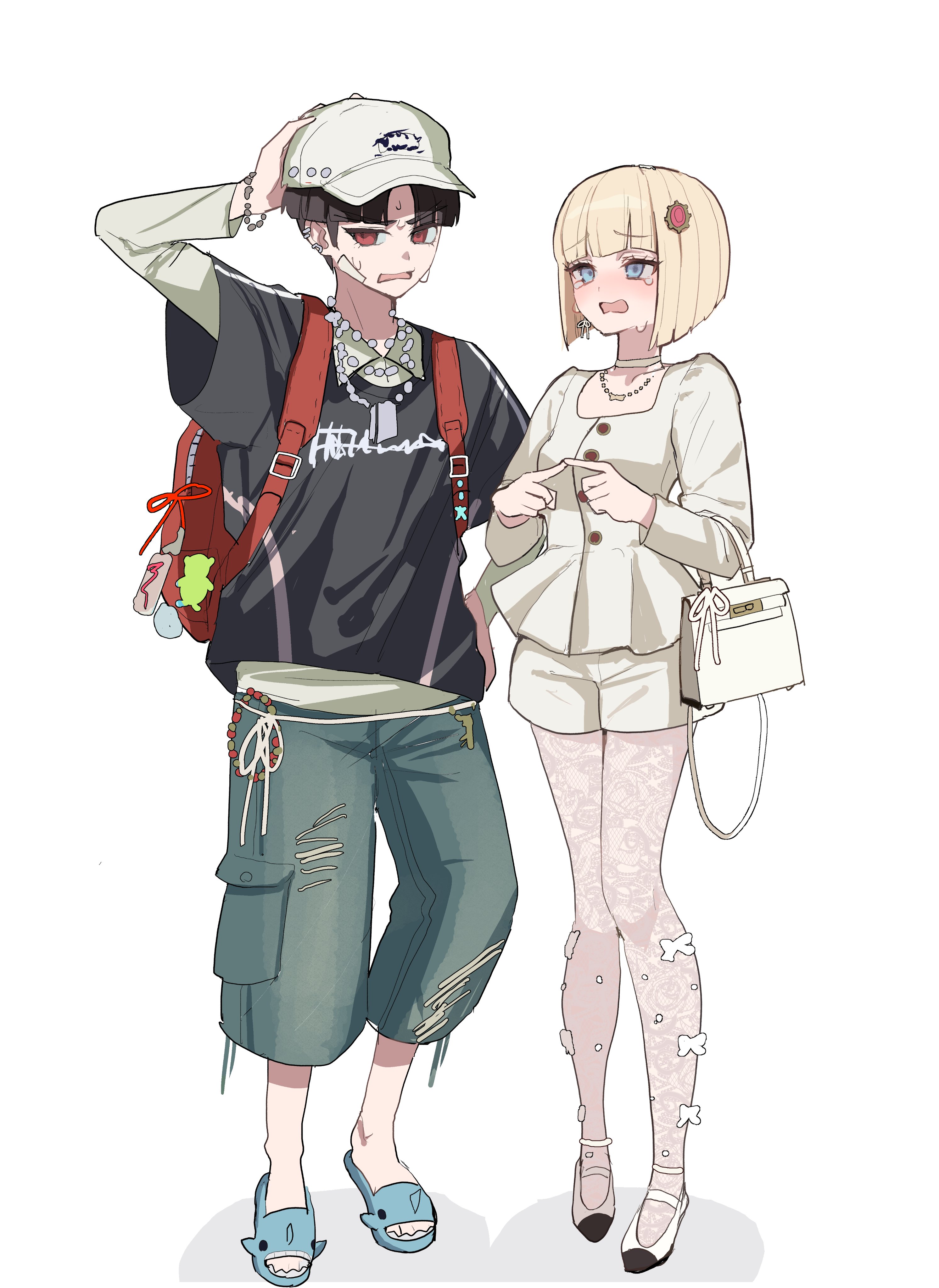 pakimoti, maruko gaku, oosuzuki kurara, the hundred line -last defense academy-, absurdres, commentary request, highres, alternate costume, animal slippers, backpack, bag, black hair, black shirt, blonde hair, blue eyes, blue pants, capri pants, choker, dress, hair ornament, hat, index fingers together, jewelry, leggings, necklace, no mask, pants, red bag, red eyes, shark slippers, shirt, short hair, shorts, simple background, slippers, white background, white bag, white choker, white dress, white shirt, white shorts