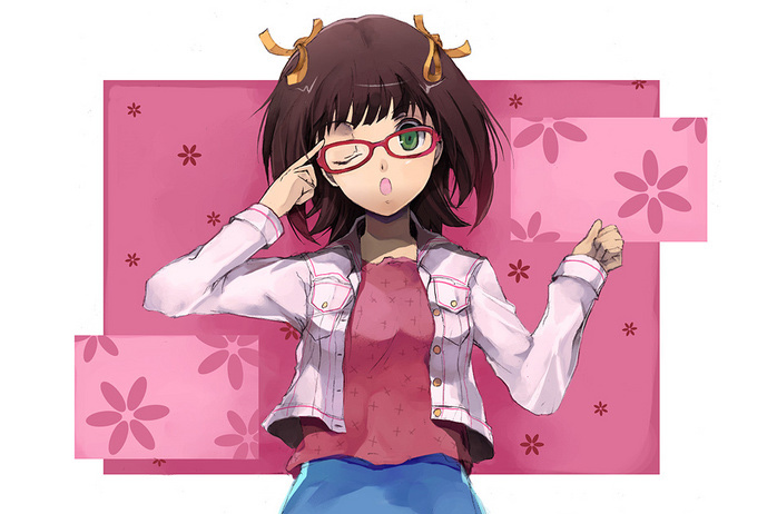 pos (shiratama-ya), amami haruka, idolmaster, idolmaster (classic), idolmaster 1, 00s, brown hair, glasses, green eyes, one eye closed, ribbon, short hair, solo, wink