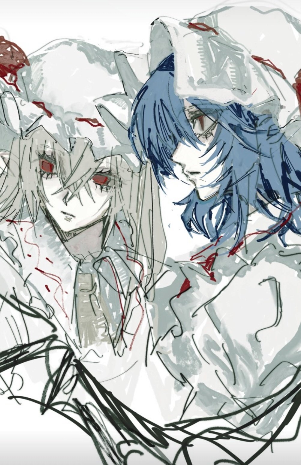 kachimashita, flandre scarlet, remilia scarlet, touhou, highres, 2girls, ascot, bat wings, blonde hair, closed mouth, crossed bangs, expressionless, fur hat, hair between eyes, hat, hat ribbon, medium hair, mob cap, multiple girls, purple hair, red ascot, red eyes, red ribbon, ribbon, shirt, simple background, white background, white hat, white shirt, wings