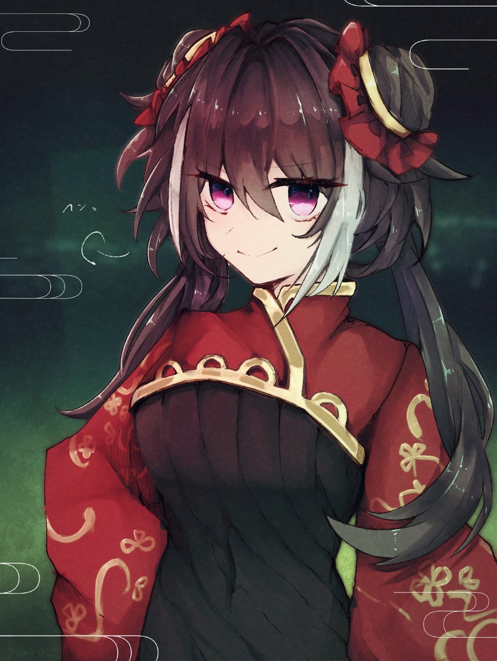 yokuri tori, jia xichun (project moon), limbus company, project moon, highres, 1girl, black dress, black hair, breasts, chinese clothes, covered navel, double bun, dress, green background, hair bun, long hair, long sleeves, looking at viewer, multicolored hair, pink eyes, red shrug, shrug (clothing), simple background, solo, streaked hair, twintails, upper body