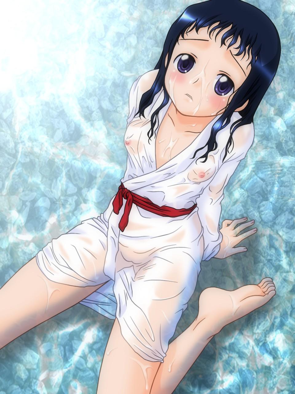 count zero, hieda yuzu, asagiri no miko, highres, 00s, barefoot, blush, cum, cum on body, facial, japanese clothes, miko, purple eyes, purple hair, see-through clothes, solo, wet