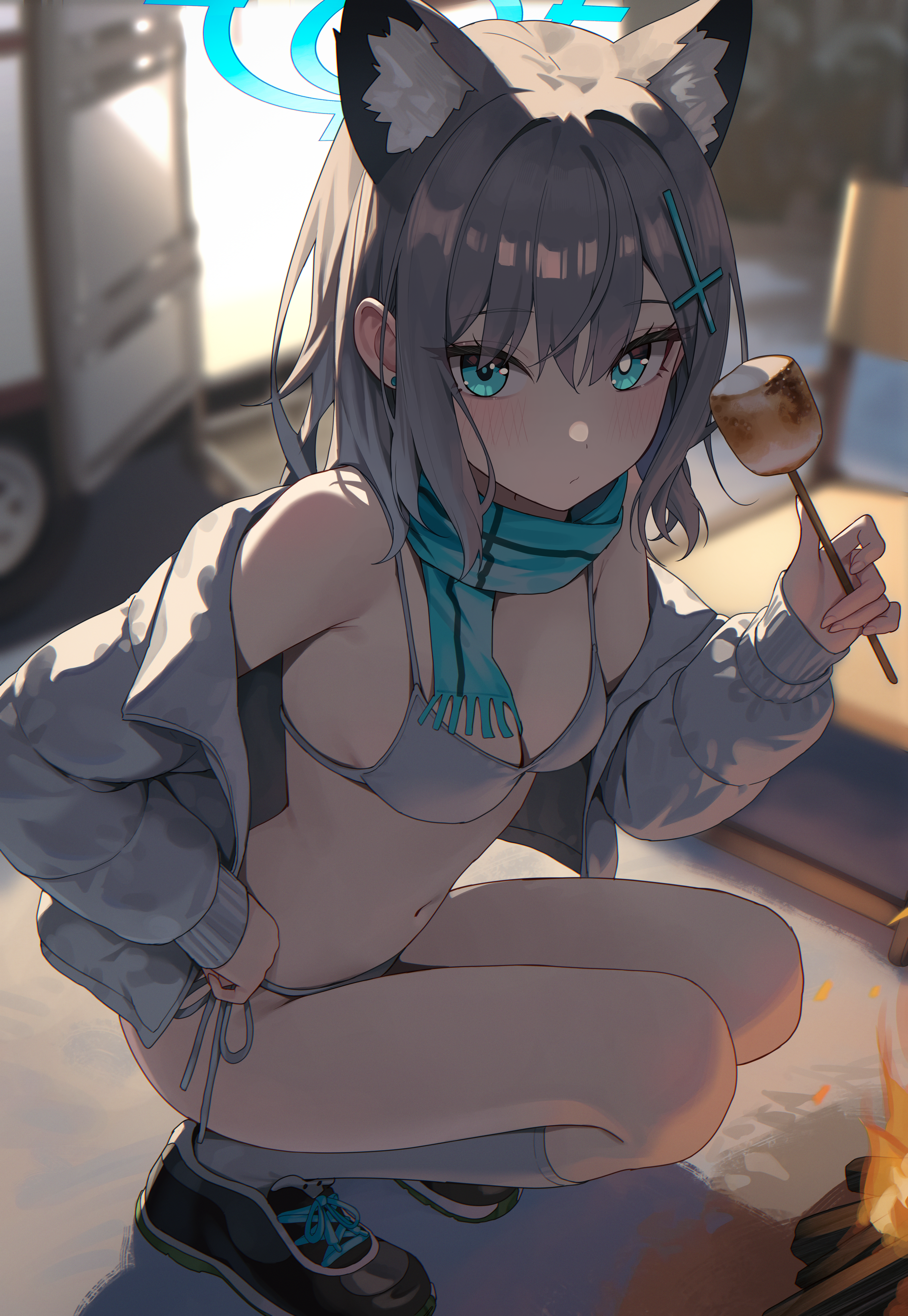 suumon, shiroko (blue archive), blue archive, absurdres, commentary, highres, revision, 1girl, alternate costume, animal ear fluff, animal ears, bikini, black shoes, blue halo, breasts, coat, cross, cross hair ornament, extra ears, food, grey hair, hair intakes, hair ornament, hair over one eye, halo, holding, holding stick, inverted cross, kneehighs, long sleeves, looking at viewer, marshmallow, medium breasts, mismatched pupils, open clothes, open coat, puffy long sleeves, puffy sleeves, roasted marshmallow, shoes, short hair, socks, solo, squatting, stick, swimsuit, thighs, white bikini, white coat, white socks, wolf ears, wolf girl