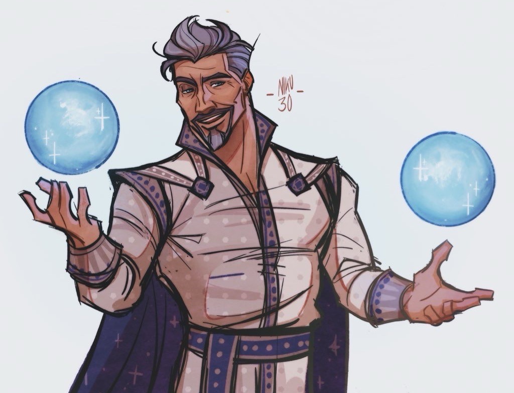nina kunze, king magnifico, wish (disney), commentary, english commentary, 1boy, artist name, beard, cape, cheekbones, facial hair, grey hair, male focus, mature male, mustache, orb, short hair, simple background, solo, standing, white background