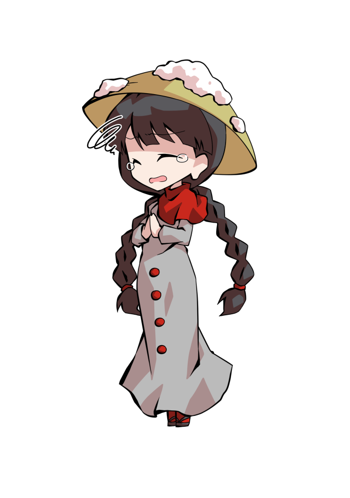 dairi, yatadera narumi, hidden star in four seasons, touhou, braided twintails, commentary request, large variant set, variant set, 1girl, :d, ^ ^, ajirogasa, black hair, blunt bangs, braid, capelet, closed eyes, dress, facing ahead, full body, grey dress, hands up, hat, long dress, long earlobes, long hair, long sleeves, low twintails, open mouth, own hands together, red capelet, red socks, sandals, simple background, smile, snow on headwear, socks, solo, spiral, standing, swept bangs, tachi-e, tearing up, transparent background, twintails
