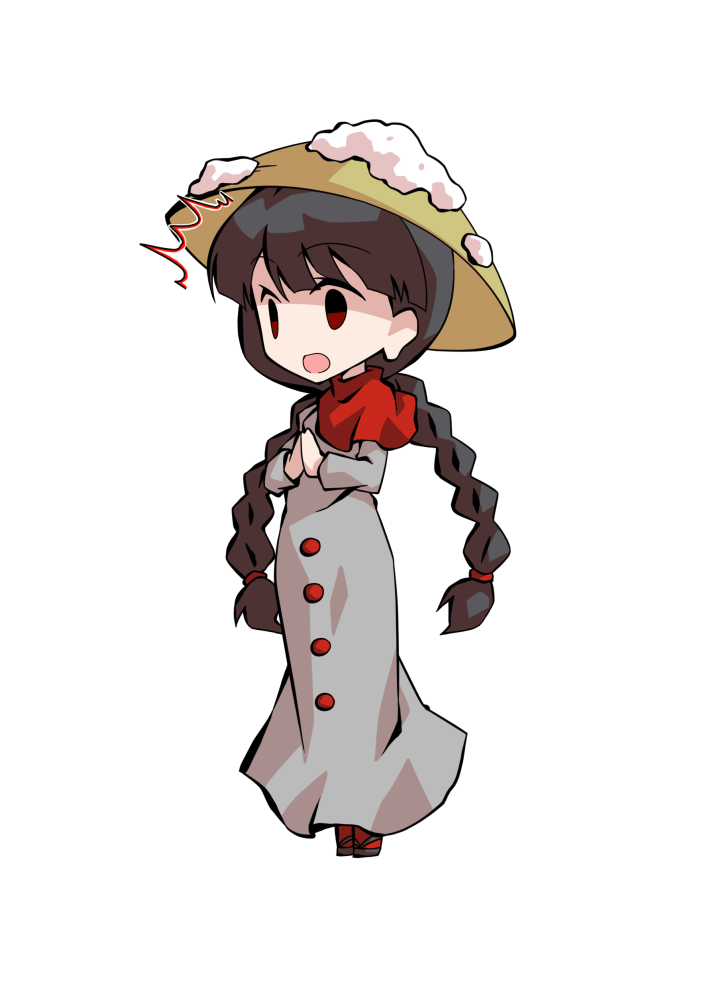dairi, yatadera narumi, hidden star in four seasons, touhou, braided twintails, commentary request, large variant set, variant set, 1girl, ^^^, ajirogasa, black hair, blunt bangs, braid, capelet, dress, full body, grey dress, hands up, hat, long dress, long earlobes, long hair, long sleeves, looking ahead, low twintails, open mouth, own hands together, red capelet, red eyes, red socks, sandals, simple background, snow on headwear, socks, solo, standing, surprised, swept bangs, tachi-e, transparent background, twintails, wide-eyed, wide mouth