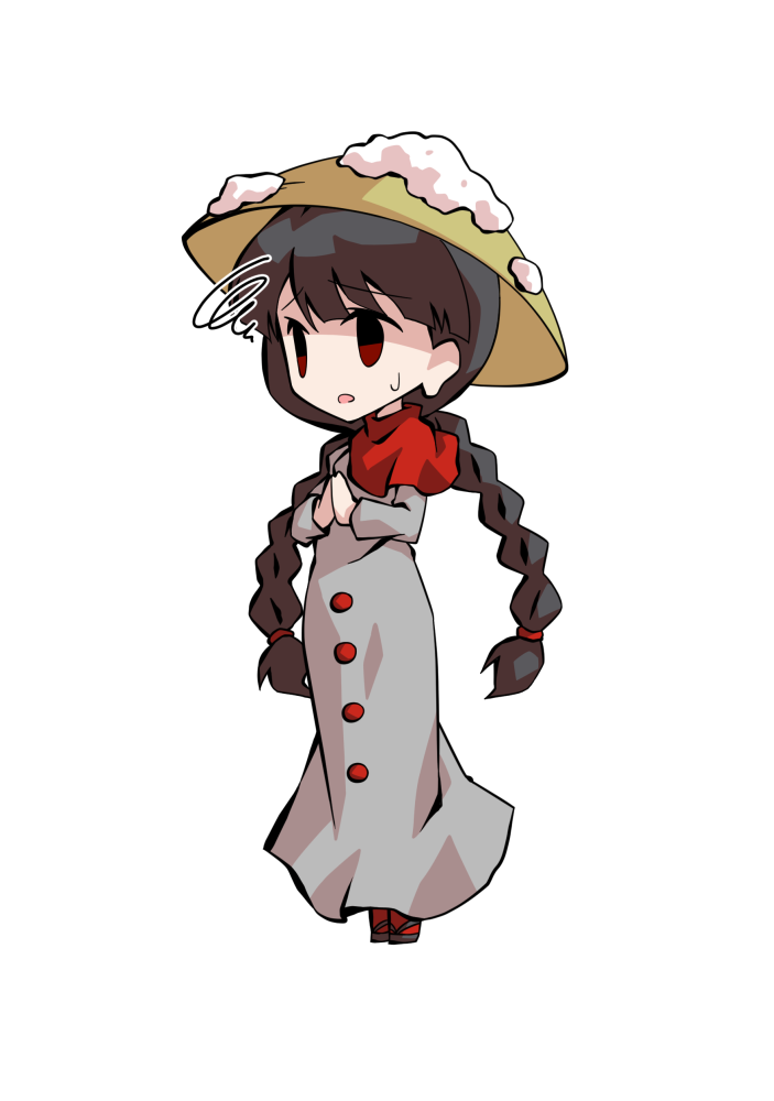 dairi, yatadera narumi, hidden star in four seasons, touhou, braided twintails, commentary request, large variant set, variant set, 1girl, ajirogasa, black hair, blunt bangs, braid, capelet, dress, full body, grey dress, hands up, hat, long dress, long earlobes, long hair, long sleeves, looking ahead, low twintails, open mouth, own hands together, red capelet, red eyes, red socks, sandals, simple background, snow on headwear, socks, solo, spiral, standing, sweatdrop, swept bangs, tachi-e, transparent background, twintails