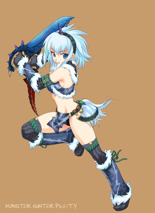 yano takumi, capcom, monster hunter (series), 1girl, blue eyes, female focus, horns, kirin (armor), loincloth, midriff, short hair, simple background, single horn, solo, sword, thighhighs, weapon, white hair