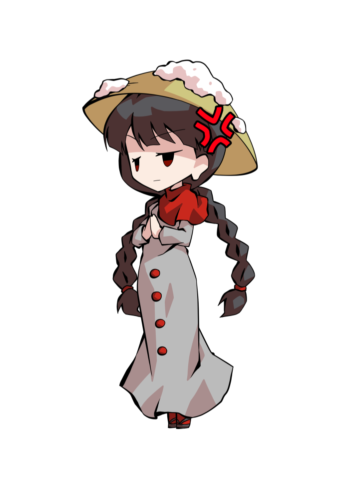 dairi, yatadera narumi, hidden star in four seasons, touhou, braided twintails, commentary request, large variant set, variant set, 1girl, ajirogasa, anger vein, black hair, blunt bangs, braid, capelet, closed mouth, dress, full body, grey dress, half-closed eyes, hands up, hat, light frown, long dress, long earlobes, long hair, long sleeves, looking ahead, low twintails, own hands together, red capelet, red eyes, red socks, sandals, simple background, snow on headwear, socks, solo, standing, swept bangs, tachi-e, transparent background, twintails