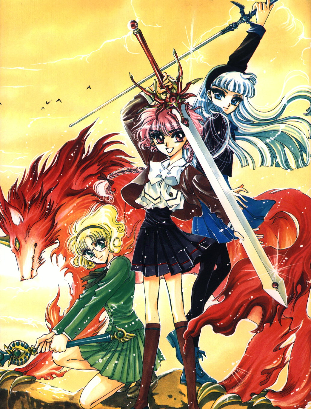 clamp, hououji fuu, rayearth, ryuuzaki umi, shidou hikaru, magic knight rayearth, highres, 1990s (style), braid, kneehighs, retro artstyle, school uniform, serafuku, socks, sword, weapon
