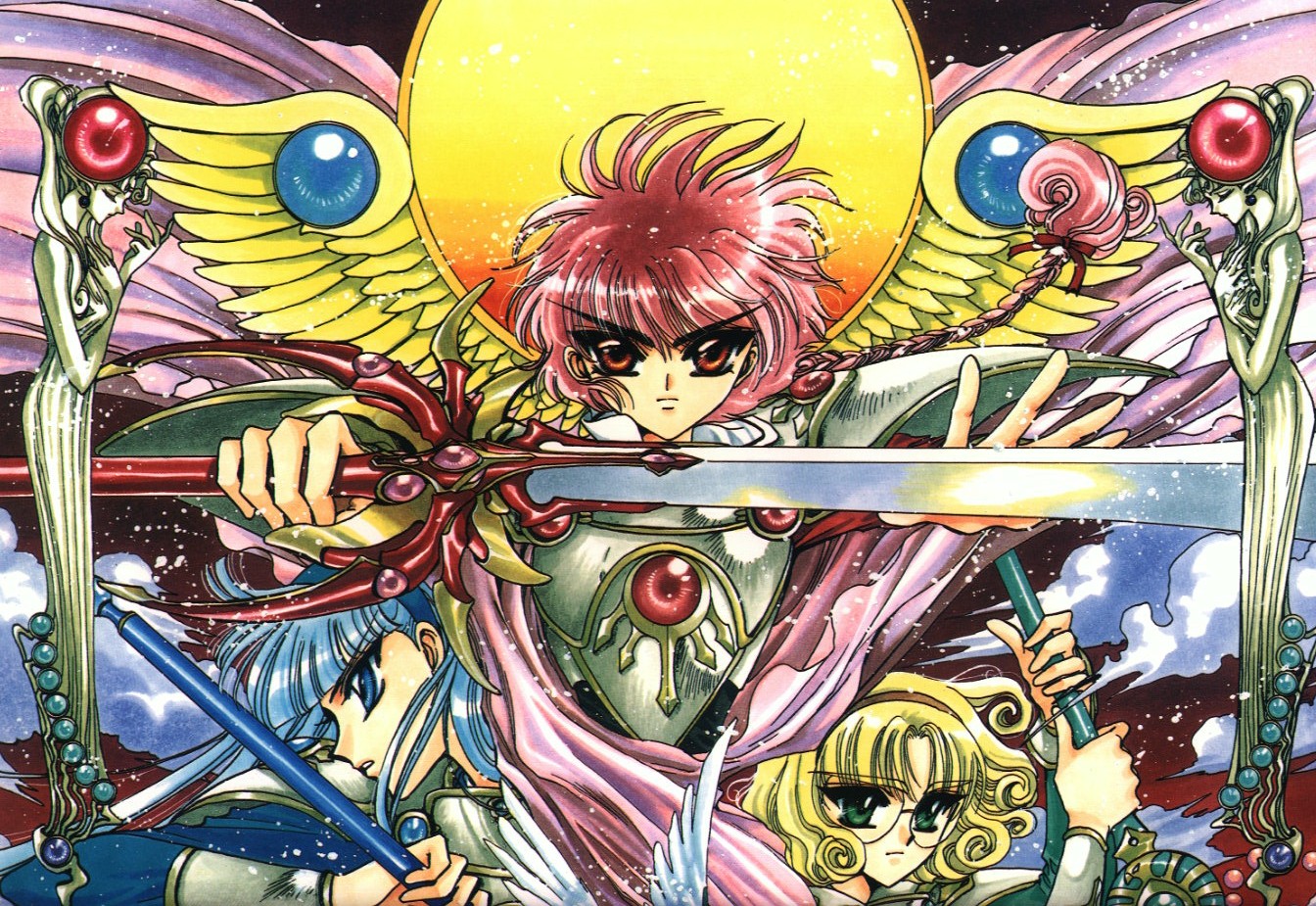 clamp, hououji fuu, ryuuzaki umi, shidou hikaru, magic knight rayearth, 1990s (style), 3girls, armor, blonde hair, blue eyes, blue hair, braid, glasses, green eyes, multiple girls, red eyes, red hair, retro artstyle, sword, weapon