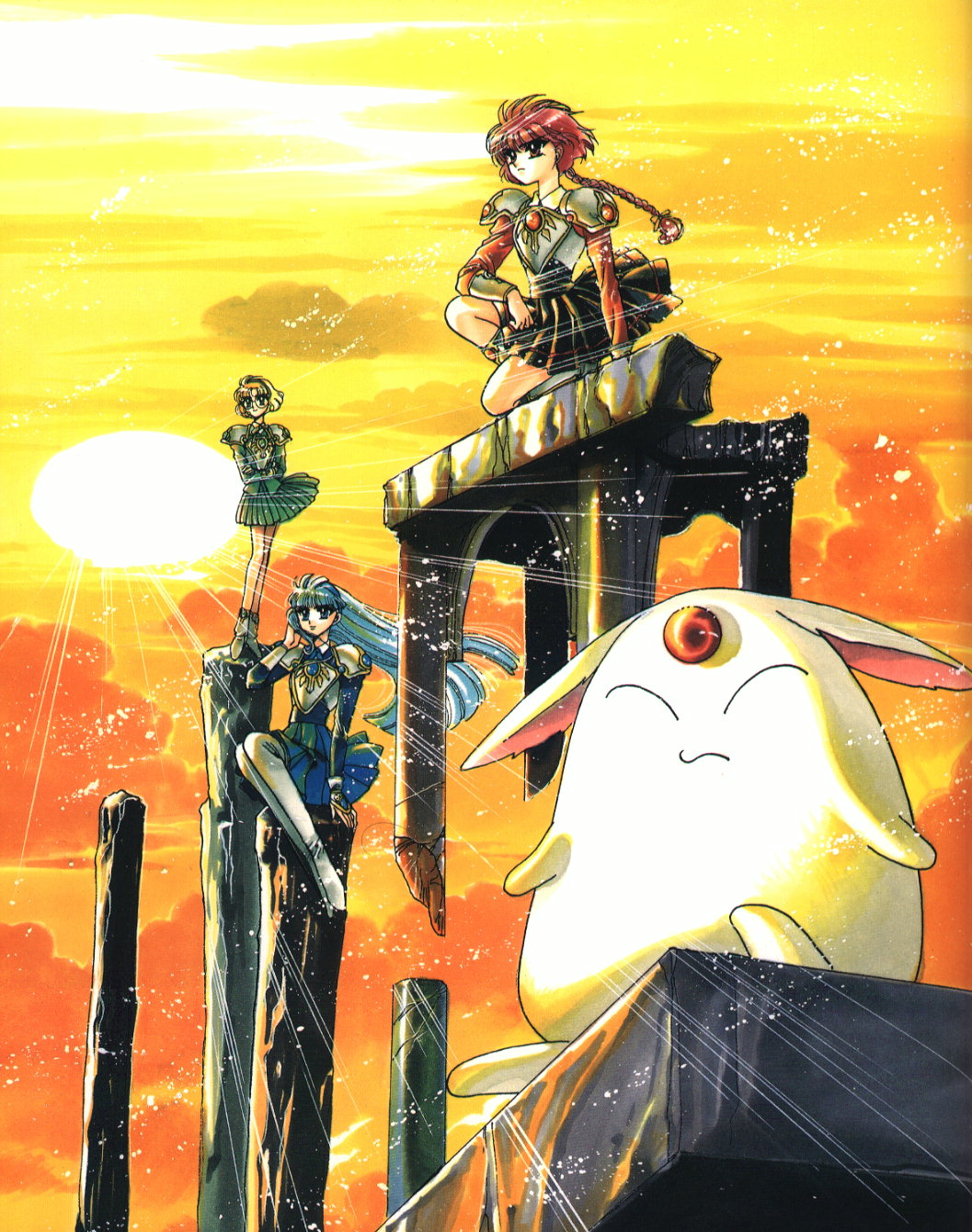 clamp, hououji fuu, mokona, ryuuzaki umi, shidou hikaru, magic knight rayearth, highres, 1990s (style), 3girls, blonde hair, blue eyes, blue hair, braid, cloud, green eyes, long hair, multiple girls, red eyes, red hair, retro artstyle, short hair, sun, sunset
