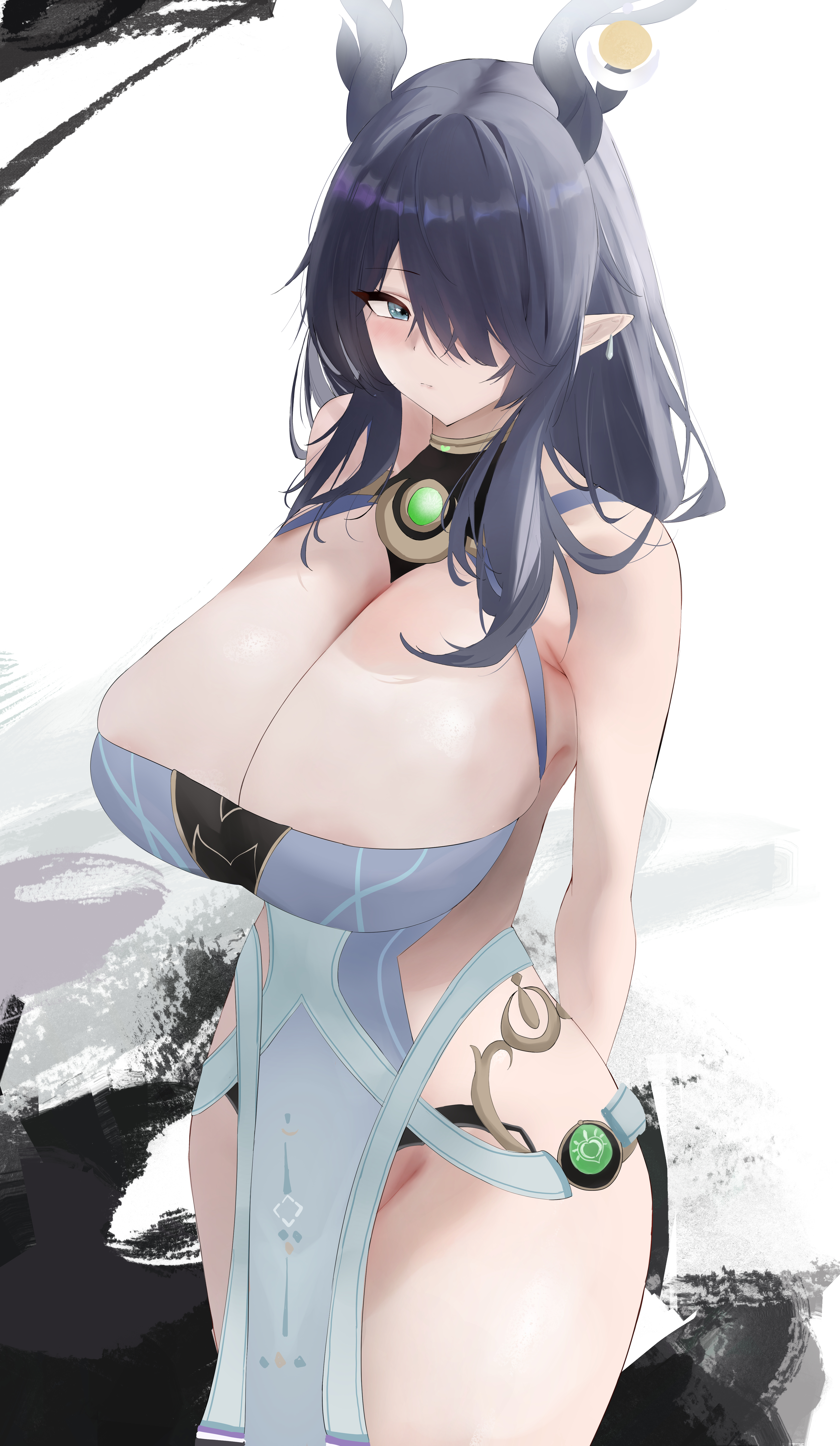 meaowtakhe, lauma (genshin impact), genshin impact, absurdres, commentary, highres, 1girl, antlers, areola slip, bare shoulders, black hair, blue eyes, breasts, cleavage, closed mouth, dress, hair over one eye, horns, huge breasts, medium hair, pelvic curtain, pointy ears, sideless dress, solo, thighs, white dress