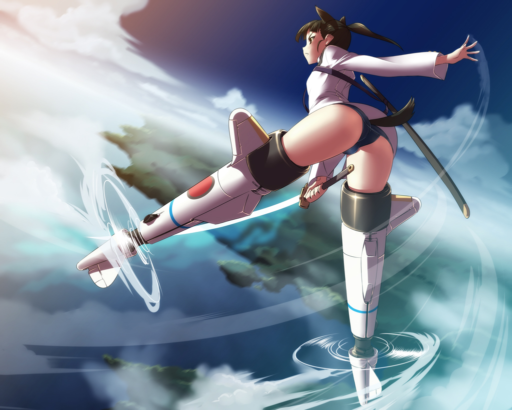 nekomamire, sakamoto mio, strike witches, world witches series, 00s, 1girl, animal ears, ass, black hair, day, female focus, flying, holding, holding sword, holding weapon, katana, mecha musume, ponytail, scabbard, sheath, sky, solo, striker unit, swimsuit, swimsuit under clothes, sword, tail, weapon