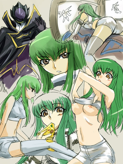 michael f91, c.c., zero (code geass), code geass, 00s, 1boy, 1girl, ass, breasts, clothes lift, eating, food, green hair, long hair, midriff, navel, nipples, pizza, shirt lift, sketch, thighhighs, undressing, white thighhighs, yellow eyes