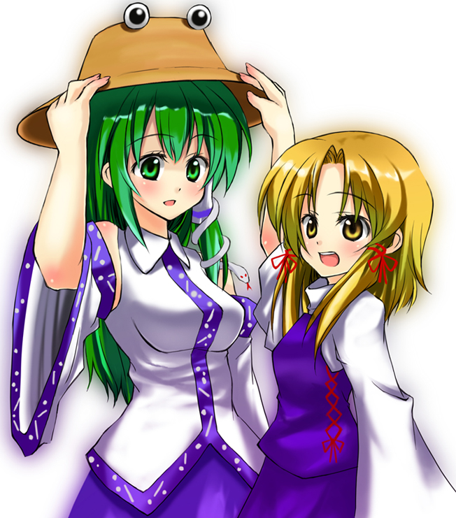 tsujigiri, kochiya sanae, moriya suwako, touhou, 2girls, blonde hair, breasts, female focus, gradient background, green hair, hat, japanese clothes, long hair, miko, multiple girls, ribbon, short hair, skirt, white background