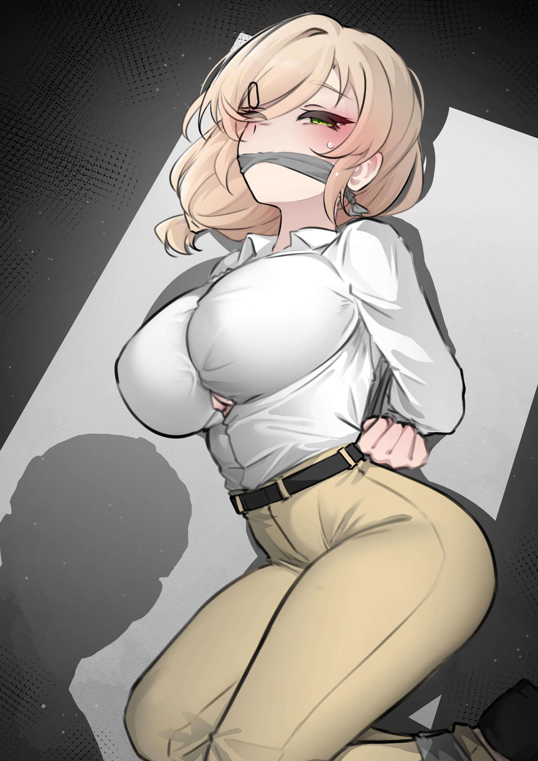k0ng, original, absurdres, highres, 1boy, 1girl, arms behind back, bdsm, belt, black belt, blonde hair, bound ankles, breasts, cleave gag, cloth gag, gag, gagged, improvised gag, large breasts, merc-san (k0ng), one eye closed, pants, shadow, shirt, solo focus, white shirt, yellow pants